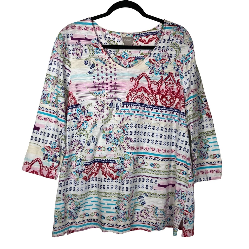 Chico's Womens Patchwork Printed 3/4 Sleeve Blouse Size L Cottagecore Fairy Boho